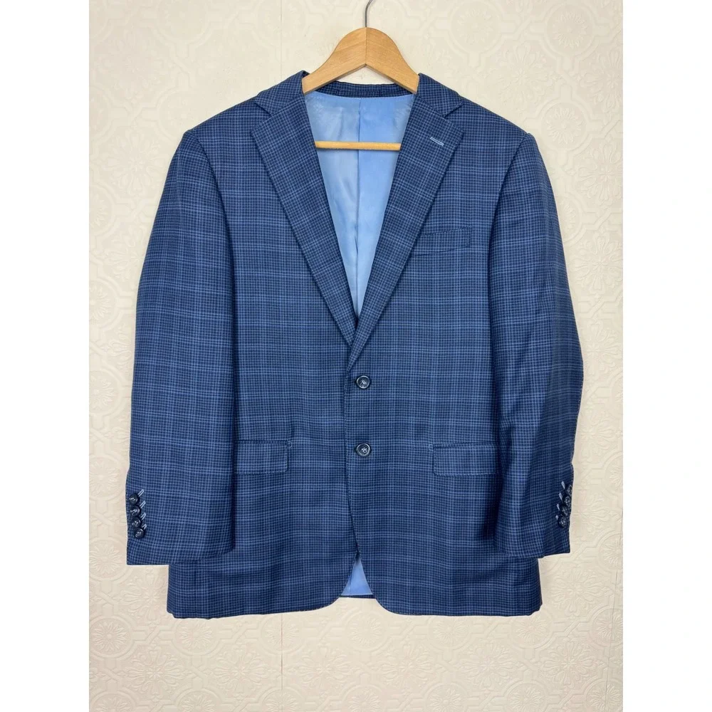 Custom Ermenegildo Zegna Wool Silk Sport Coat Blue Check Suit Jacket 42 Short